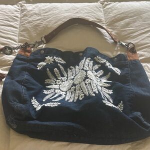 Embroidered Denim Shoulder Bag